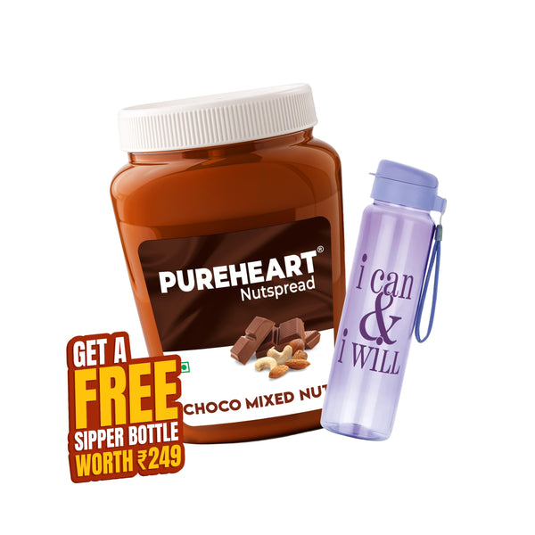 PUREHEART Choco Mixed Nut Spread 350gm with Water Sipper Bottle or DOMS Stationary Kit| Nutty, Smooth and Creamy Chocolate Spread for Breakfast - No. 1 Exporter of Roasted Nuts