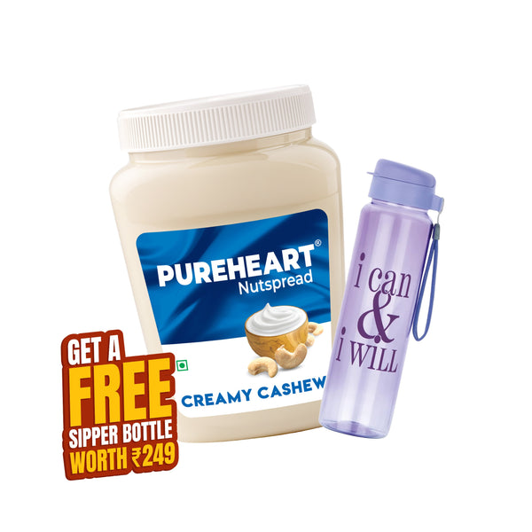 PUREHEART Nut Spread Creamy Cashew 350gm Water Sipper Bottle or DOMS Stationary Kit | Nutty and Smooth Cashew Spread for Breakfast - No. 1 Exporter of Roasted Nuts