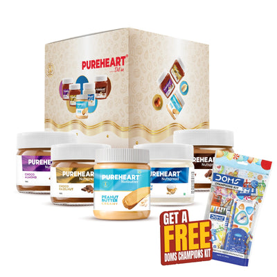 Pureheart Nut Spread Combo (5 Flavours) | Back to School Offer with Free DOMS Kit – Colour Pencils (12 Shades), Water Colour Pens, Crayons, Graphite Pencils, Eraser, Sharpener, Time Table Stamp & Name Slip