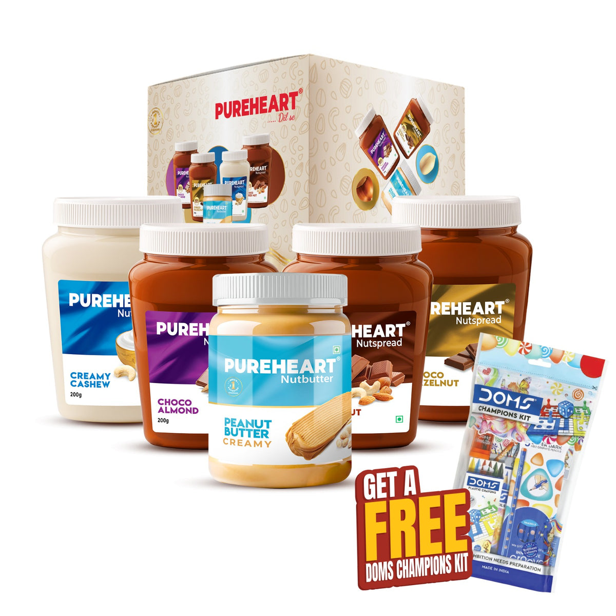 Pureheart Nut Spread Combo (5 Flavours) | Back to School Offer with Free DOMS Kit – Colour Pencils (12 Shades), Water Colour Pens, Crayons, Graphite Pencils, Eraser, Sharpener, Time Table Stamp & Name Slip