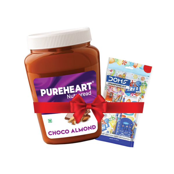 PUREHEART Choco Almond Nut Spread 350gm with Water Sipper Bottle or DOMS Stationary Kit | Chocolate Almond Creamy, Smooth & Nutty | Rich in Roasted Nuts | Healthy Breakfast Spread for Kids & Family | No. 1 Exporter of Roasted Nuts