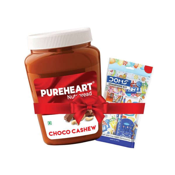 PUREHEART Choco Cashew Nut Spread 350gm with water Sipper Bottle or DOMS Stationary Kit  | Nutty, Smooth & Creamy Chocolate Cashew Butter| Rich in Roasted Nuts |Healthy Breakfast for Kids & Family| No. 1 Exporter of Roasted Nuts