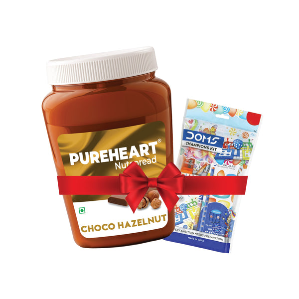 PUREHEART Nut Spread Choco Hazelnut 350 gm with water sipper bottle or DOMS Stationary Kit |Nutty, Smooth and Creamy Chocolate Hazelnut Spread for Breakfast | No. 1 Exporter of Roasted Nuts