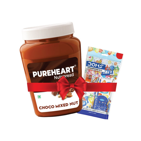 PUREHEART Choco Mixed Nut Spread 350gm with Water Sipper Bottle or DOMS Stationary Kit| Nutty, Smooth and Creamy Chocolate Spread for Breakfast - No. 1 Exporter of Roasted Nuts