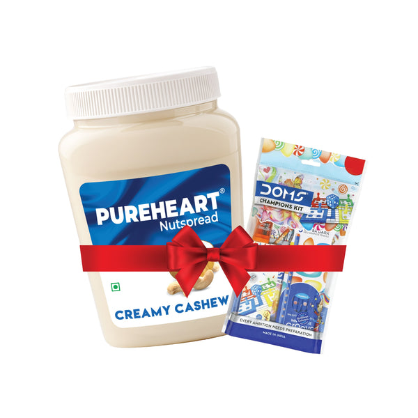 PUREHEART Nut Spread Creamy Cashew 350gm Water Sipper Bottle or DOMS Stationary Kit | Nutty and Smooth Cashew Spread for Breakfast - No. 1 Exporter of Roasted Nuts
