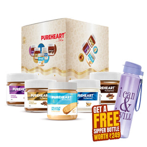 Pureheart Nut Spread Combo (5 Flavours) | Back to School Offer with Free Water sipper or Planner or Lunch box or DOMS Kit– Colour Pencils (6 Shades), Water color Pack , Crayons, Graphite Pencils, Eraser, Sharpener, Time table and Name Slip