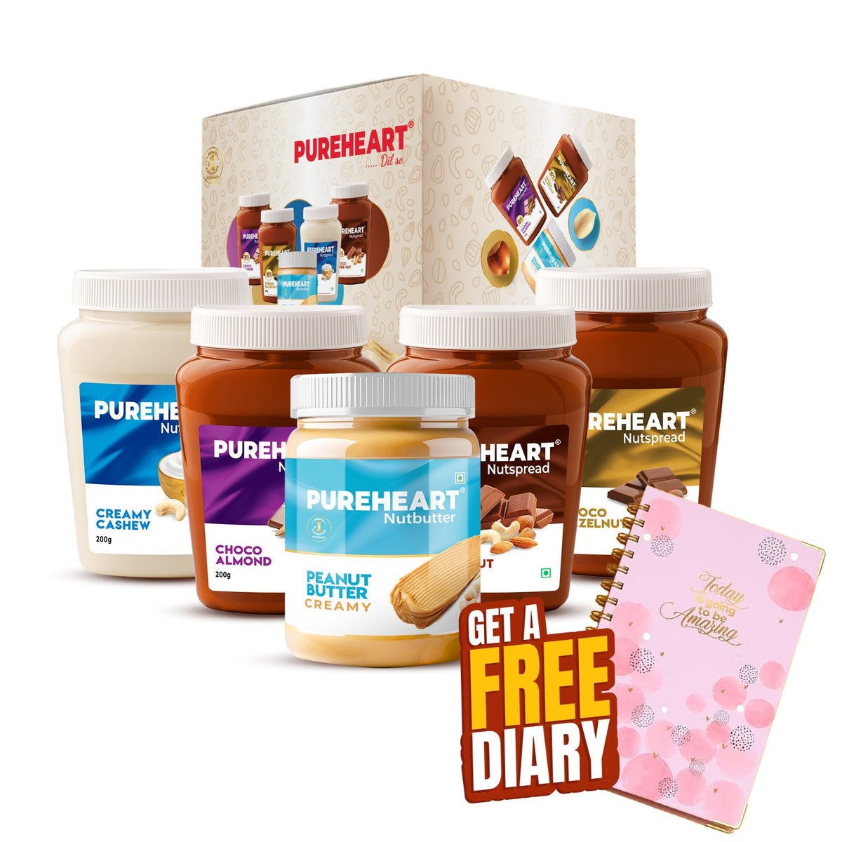 Pureheart Nut Spread Combo (5 Flavours) | Back to School Offer with Free Water sipper or Planner or Lunch box or DOMS Kit– Colour Pencils (6 Shades), Water color Pack , Crayons, Graphite Pencils, Eraser, Sharpener, Time table and Name Slip