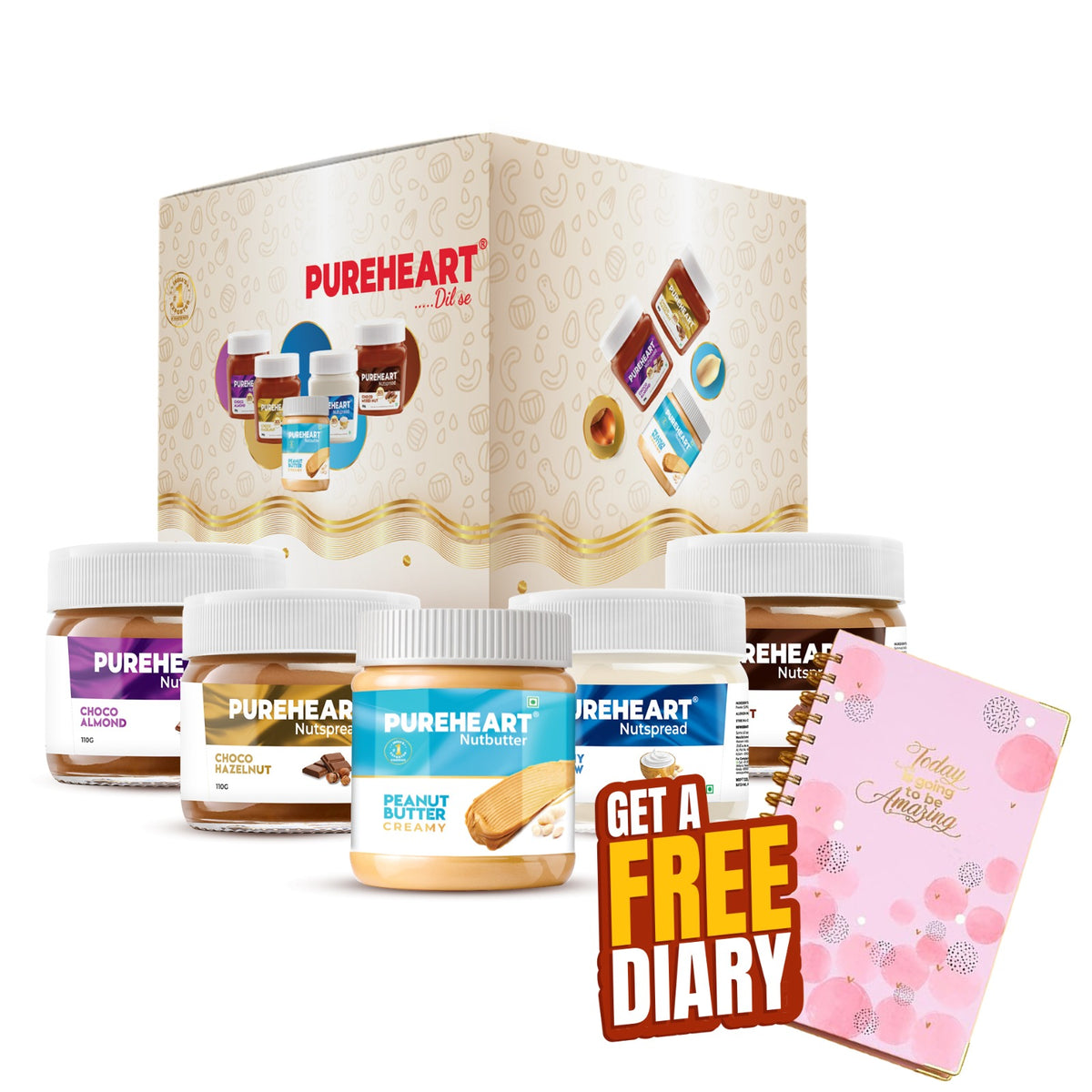 Pureheart Nut Spread Combo (5 Flavours) | Back to School Offer with Free Water sipper or Planner or Lunch box or DOMS Kit– Colour Pencils (6 Shades), Water color Pack , Crayons, Graphite Pencils, Eraser, Sharpener, Time table and Name Slip