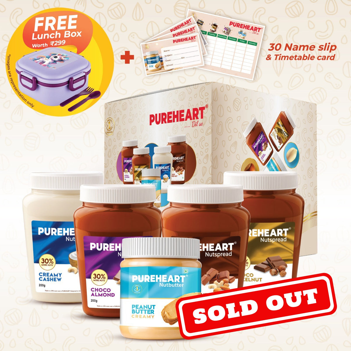 Pureheart Nut Spread Combo (5 Flavours) | Back to School Offer with Free Water sipper or Planner or Lunch box or DOMS Kit– Colour Pencils (6 Shades), Water color Pack , Crayons, Graphite Pencils, Eraser, Sharpener, Time table and Name Slip