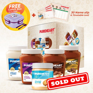 Pureheart Nut Spread Combo (5 Flavours) | Back to School Offer with Free Water sipper or Planner or Lunch box or DOMS Kit– Colour Pencils (6 Shades), Water color Pack , Crayons, Graphite Pencils, Eraser, Sharpener, Time table and Name Slip