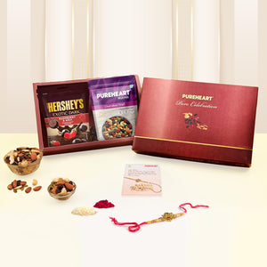PUREHEART Rakhi Gift Hamper- Cherokee Trail Mix (80g) and Chocolates with Ganpati Rakhi for Brother, Gift Card, Pooja Rice, Kumkum - Crunchy Dry Fruits and Nuts