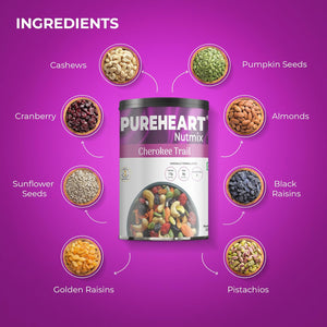 Pureheart Cherokee Premium Trail Mix | An Eclectic Mix of 8 Healthy Superfoods Nuts- Cashews, Almonds, Pistachio | Dry Fruits - Cranberries, Raisins | Seeds - Pumpkin, Sunflower | Reusable Jar (230gm)