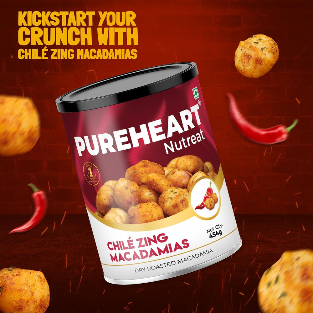 PUREHEART Nutreat Chile Zing Australian Macadamias – Spicy Roasted Macadamia Nuts | Buttery Crunch Snack | 454g | Gluten-Free & Keto-Friendly
