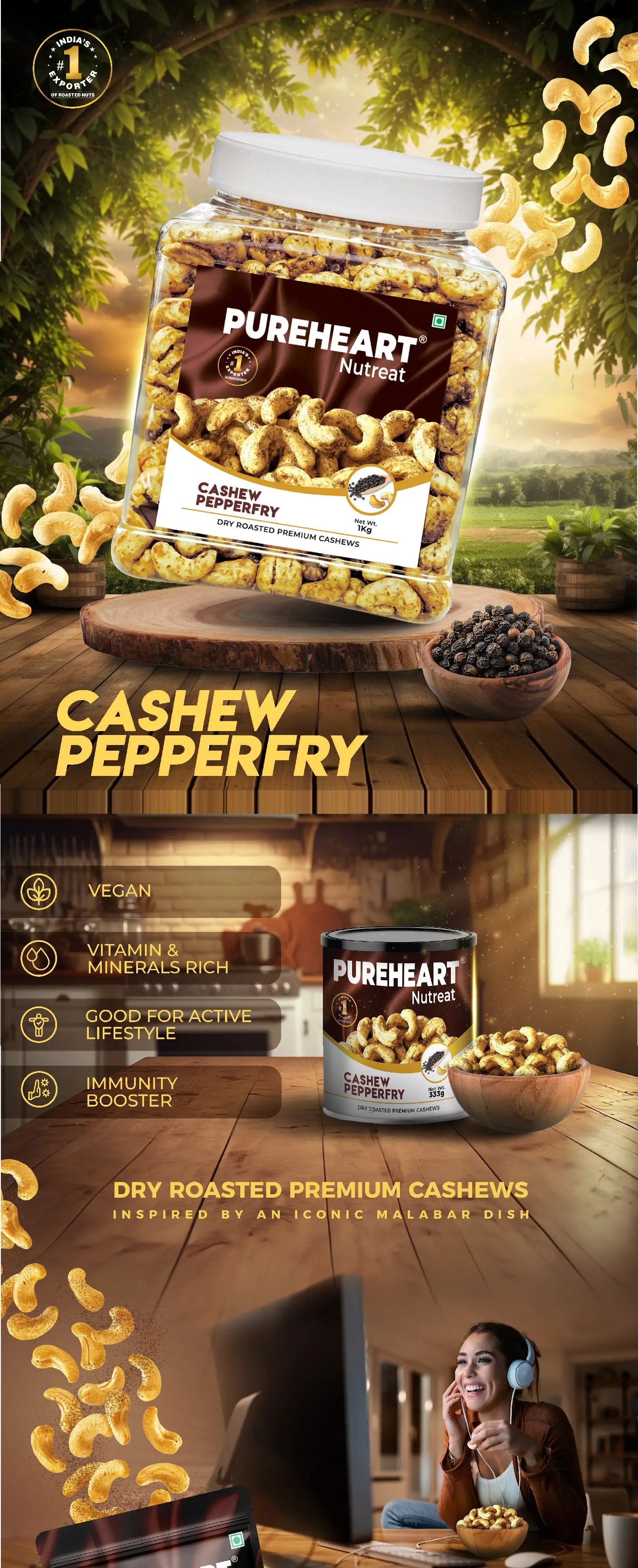 About Pureheart Nutreat Pepperfry Cashews  Inspired by Iconic Malabar Dish, Premium Salted Black Pepper Cashew Nuts/Kaju Dry Fruit, Roasted Cashews with Aroma & Freshly Ground Pepper - 1