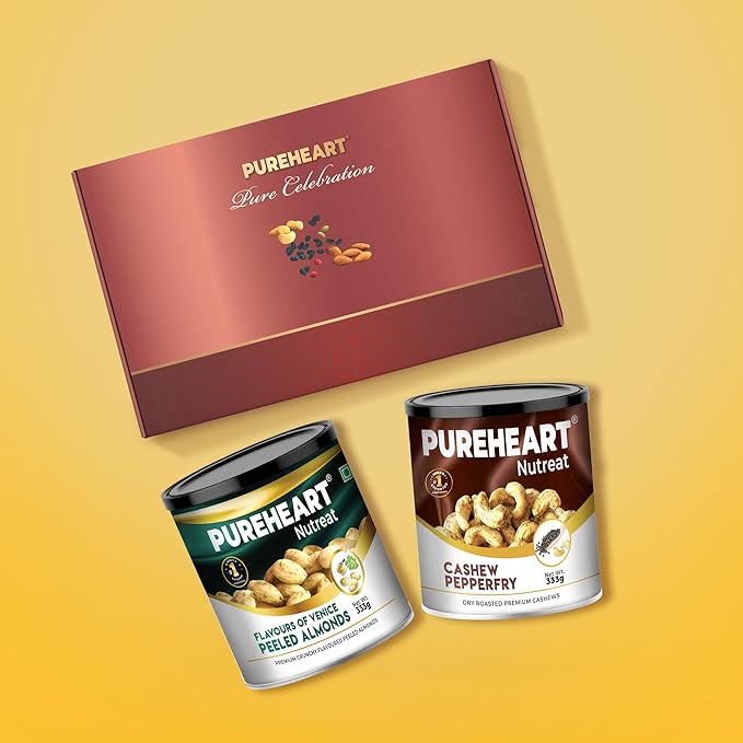 PUREHEART Premium Diwali Gift Hamper | Corporate Dry Fruits Gift Box with Pepper Cashews and Peeled Almonds Italiano (333g each), Bournville Chocolate, Diwali Greeting Card