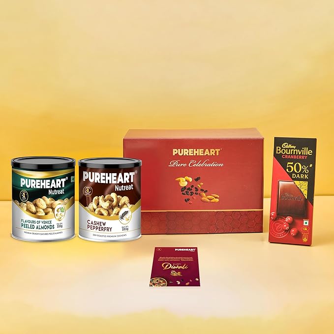 PUREHEART Premium Diwali Gift Hamper | Corporate Dry Fruits Gift Box with Pepper Cashews and Peeled Almonds Italiano (333g each), Bournville Chocolate, Diwali Greeting Card