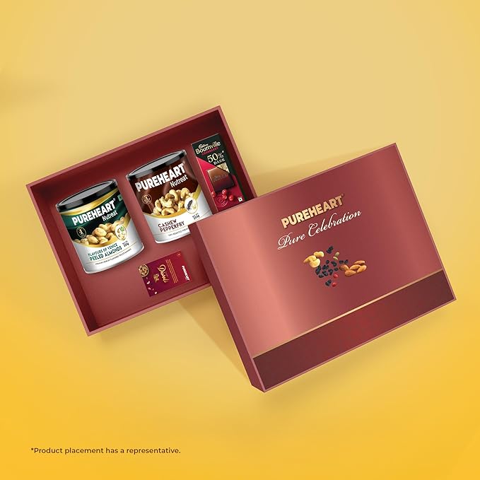 PUREHEART Premium Diwali Gift Hamper | Corporate Dry Fruits Gift Box with Pepper Cashews and Peeled Almonds Italiano (333g each), Bournville Chocolate, Diwali Greeting Card