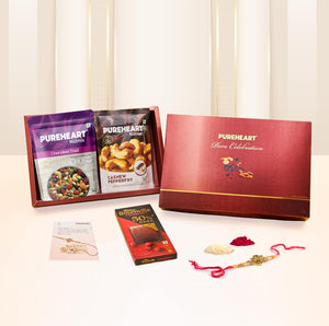 PUREHEART Rakhi Gift Hamper -Trail mix, Pepperfry Cashews (80 g, each), Dark Chocolate Combo with Rakhi for Brother, Gift Card, Pooja Rice, Kumkum