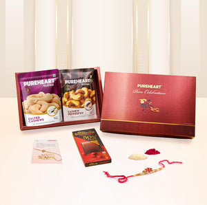 PUREHEART Rakhi Gift Hamper - Salted Cashews, Pepperfry Cashews (80g, each) with Floral Rakhi for Brother, Gift Card, Pooja Rice, Kumkum