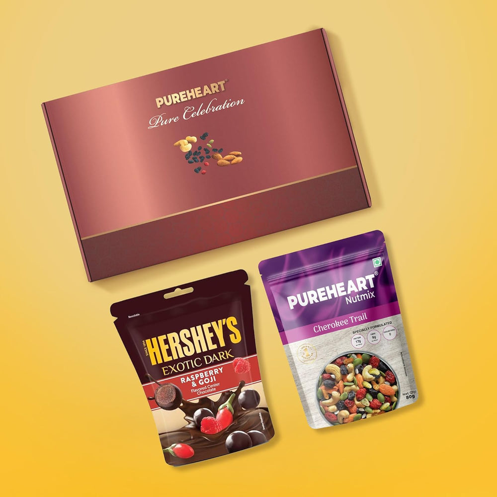 PUREHEART Celebration Diwali Gift Hamper | Corporate Gift Box with Cherokee Trail Mix (80g) and Hershey's Kisses Chocolate, Happy Diwali Greeting Card | Festive Dry Fruits Pack