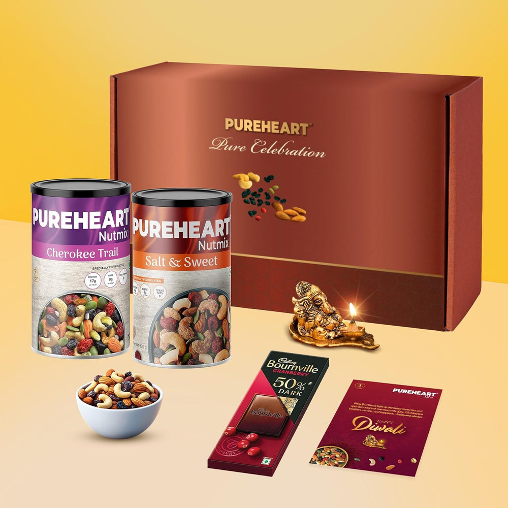 PUREHEART Premium Diwali Gift Hamper | Dry Fruits Gift Box with Trail Mix and Salt & Sweet Nutmix (230g,each) Bournville Chocolate, Ganpati Diya & Diwali Greeting Card | Corporate Gifting