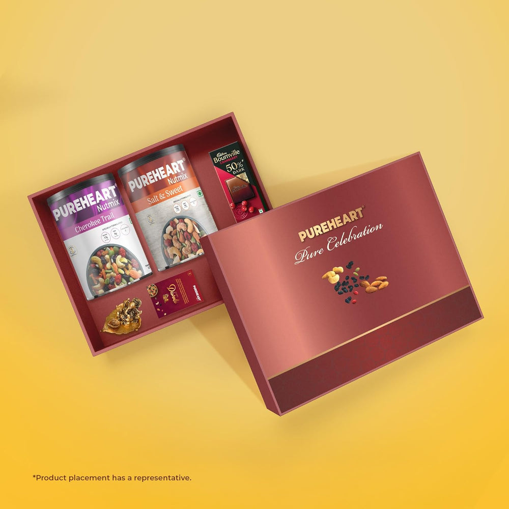PUREHEART Premium Diwali Gift Hamper | Dry Fruits Gift Box with Trail Mix and Salt & Sweet Nutmix (230g,each) Bournville Chocolate, Ganpati Diya & Diwali Greeting Card | Corporate Gifting