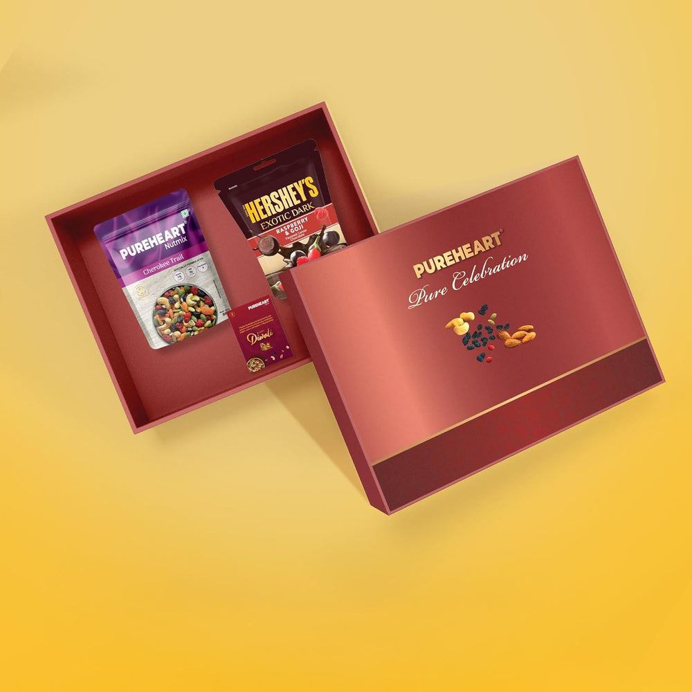 PUREHEART Celebration Diwali Gift Hamper | Corporate Gift Box with Cherokee Trail Mix (80g) and Hershey's Kisses Chocolate, Happy Diwali Greeting Card | Festive Dry Fruits Pack