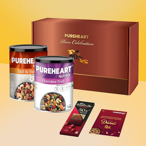 PUREHEART Premium Diwali Gift Hamper | Dry Fruits Gift Box with Trail Mix and Salt & Sweet Nutmix (454g,each) Bournville Chocolate, Diwali Greeting Card | Corporate Gifting