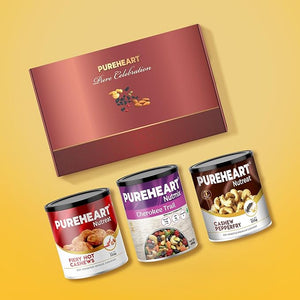 PUREHEART Premium Diwali Gift Hamper | Corporate Dry Fruits Gift Box Fiery Hot Cashews, Pepper Cashews (333g each) and Cherokee Trail Mix (454g), Chocolate, Ganpati Diya & Diwali Greeting Card