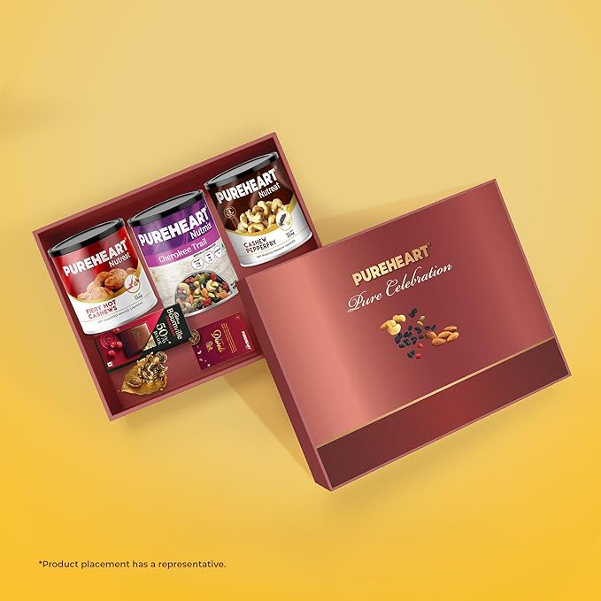 PUREHEART Premium Diwali Gift Hamper | Corporate Dry Fruits Gift Box Fiery Hot Cashews, Pepper Cashews (333g each) and Cherokee Trail Mix (454g), Chocolate, Ganpati Diya & Diwali Greeting Card