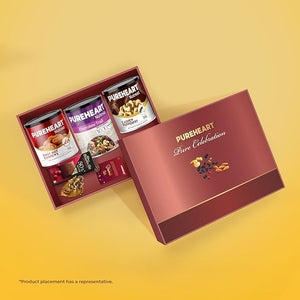 PUREHEART Premium Diwali Gift Hamper | Corporate Dry Fruits Gift Box Fiery Hot Cashews, Pepper Cashews (333g each) and Cherokee Trail Mix (454g), Chocolate, Ganpati Diya & Diwali Greeting Card