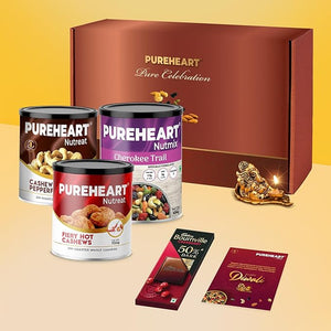 PUREHEART Premium Diwali Gift Hamper | Corporate Dry Fruits Gift Box Fiery Hot Cashews, Pepper Cashews (333g each) and Cherokee Trail Mix (454g), Chocolate, Ganpati Diya & Diwali Greeting Card