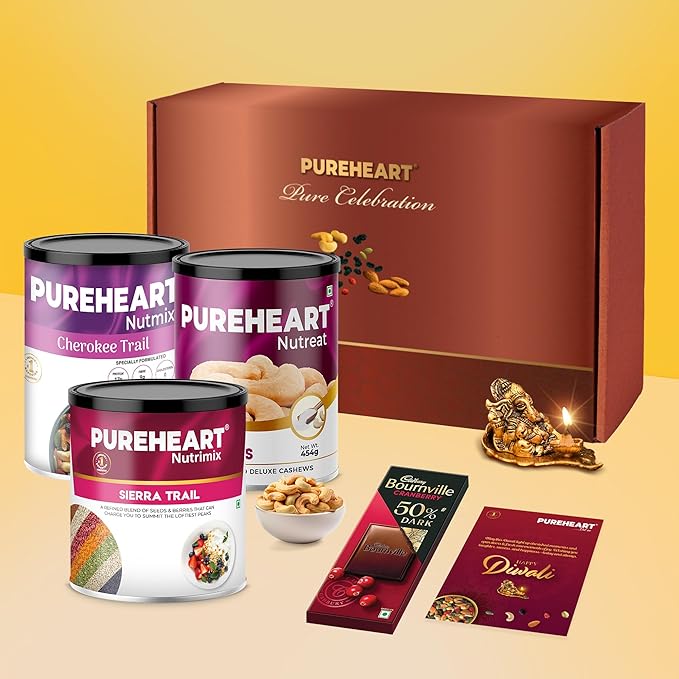 PUREHEART Premium Diwali Gift Hamper | Corporate Dry Fruits Gift Box with Salted Cashews,Trail Mix and Sierra Trail (454g, each), Chocolate, Ganpati Diya & Diwali Greeting Card