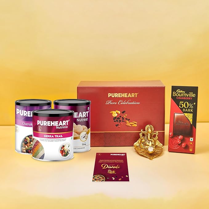 PUREHEART Premium Diwali Gift Hamper | Corporate Dry Fruits Gift Box with Salted Cashews,Trail Mix and Sierra Trail (454g, each), Chocolate, Ganpati Diya & Diwali Greeting Card