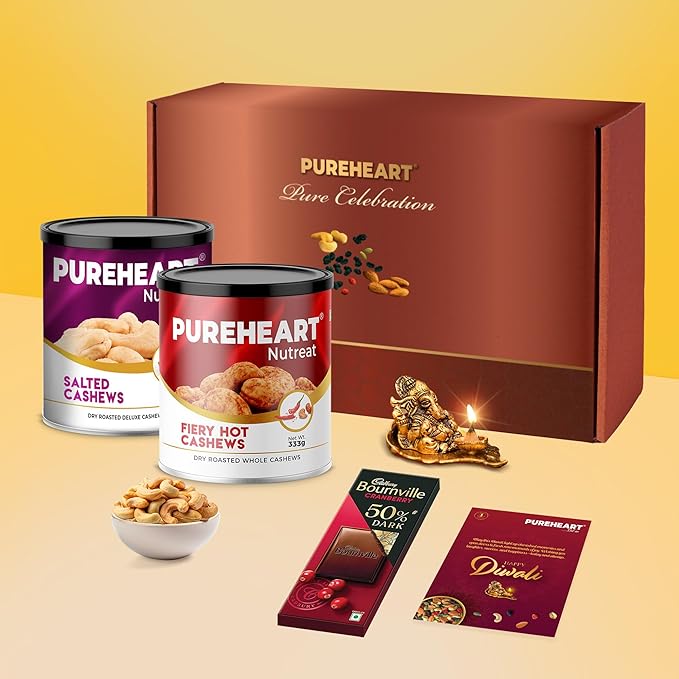 PUREHEART Premium Diwali Gift Hamper | Dry Fruits Gift Box with Fiery Hot Cashews, Salted Cashews (333g each), Bournville Chocolate, Ganpati Diya & Diwali Greeting Card | Corporate Gifting
