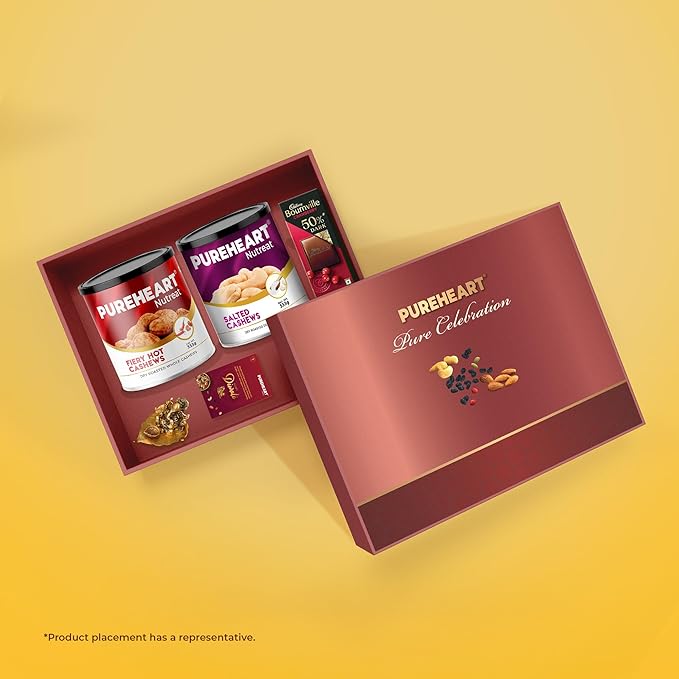 PUREHEART Premium Diwali Gift Hamper | Dry Fruits Gift Box with Fiery Hot Cashews, Salted Cashews (333g each), Bournville Chocolate, Ganpati Diya & Diwali Greeting Card | Corporate Gifting