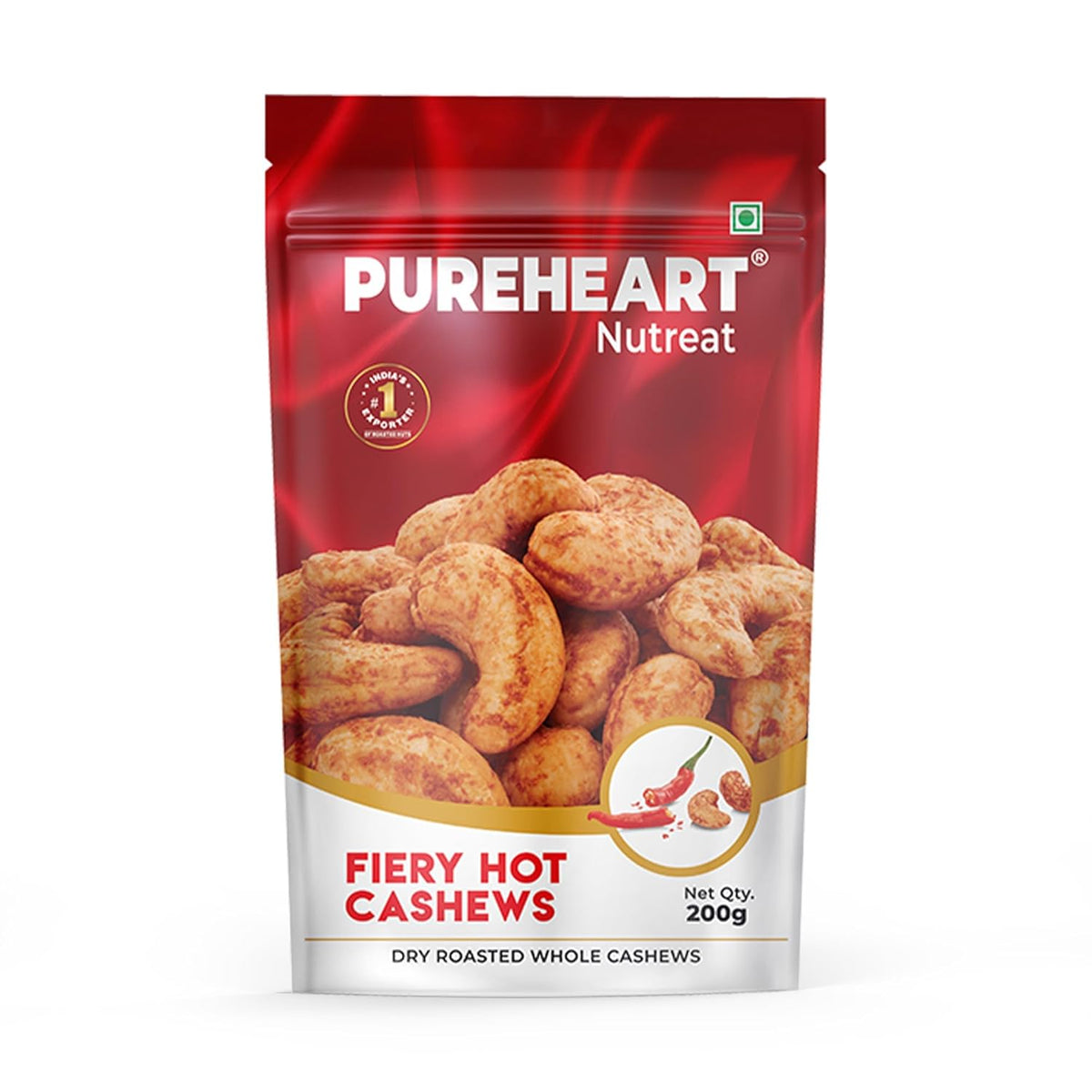 Pureheart Nutreat Fiery Hot Cashews  Natural Premium Spicy Roasted Whole Cashew Nuts/Kaju Dry Fruit, Crunchy & Delicious Chili Cashews - Resealable Pouch