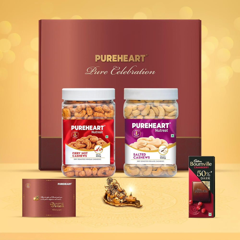 PUREHEART Diwali Gift Hamper - Combo of Fiery Hot Cashews, Salted Cashews (650 g, each) with Bournville Dark Chocolate, Ganpati Diya and Happy Diwali Card, Dry Fruits Gift Box