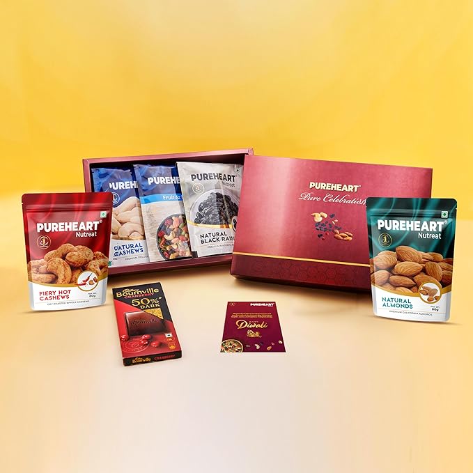 PUREHEART Diwali Gift Hamper | Corporate Gifting | Natural Cashews, Fruit & Nut Nutmix, Black Raisins, Fiery Hot Cashews, Natural Almonds (80 g each), Chocolate and Card, Dry Fruits Gift Box