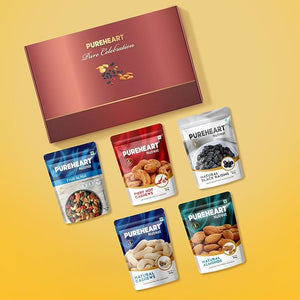 PUREHEART Diwali Gift Hamper | Corporate Gifting | Natural Cashews, Fruit & Nut Nutmix, Black Raisins, Fiery Hot Cashews, Natural Almonds (80 g each), Ganpati Diya, Chocolate and Greeting Card, Dry Fruits Gift Box