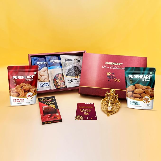 PUREHEART Diwali Gift Hamper | Corporate Gifting | Natural Cashews, Fruit & Nut Nutmix, Black Raisins, Fiery Hot Cashews, Natural Almonds (80 g each), Ganpati Diya, Chocolate and Greeting Card, Dry Fruits Gift Box