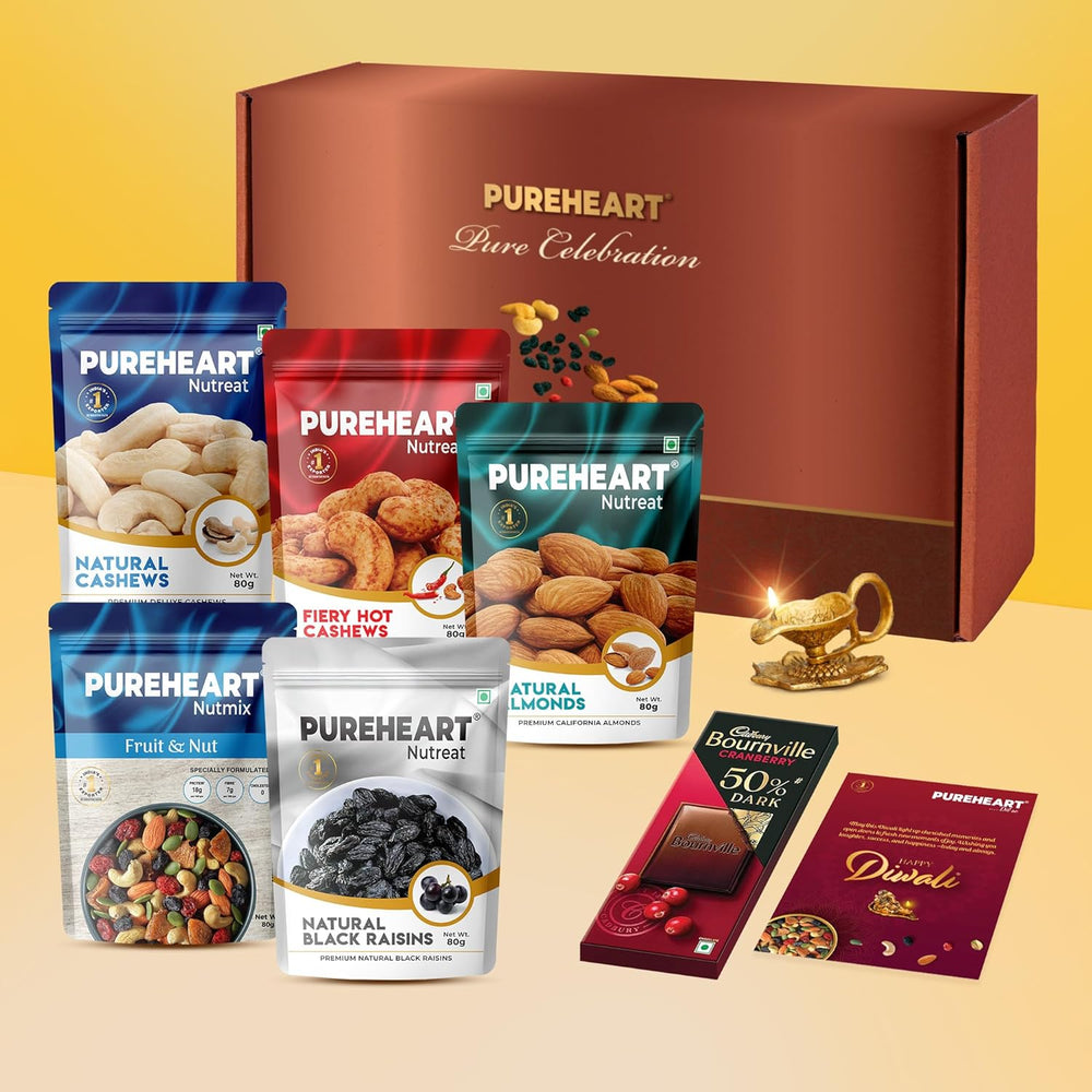 PUREHEART Diwali Gift Hamper | Corporate Gifting | Natural Cashews, Fruit & Nut Nutmix, Black Raisins, Fiery Hot Cashews, Natural Almonds (80 g each), Diya, Chocolate and Card, Dry Fruits Gift Box