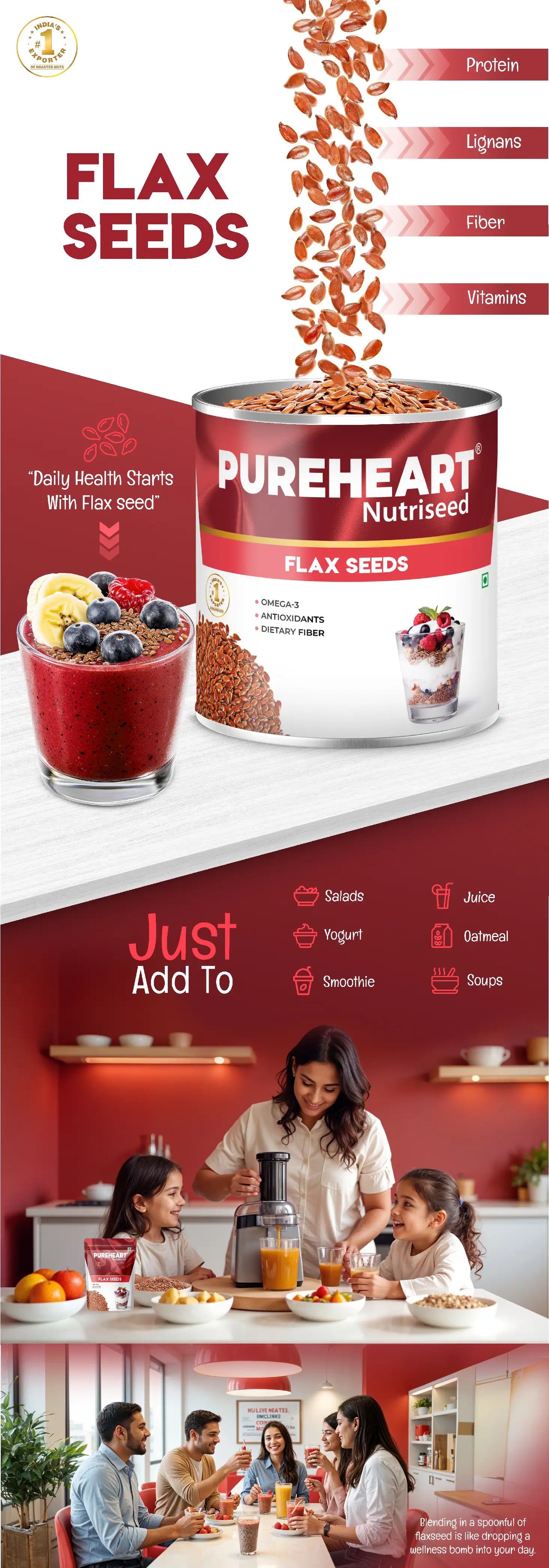 About Pureheart Premium Raw Flax Seeds for Eating  - Alsi Seeds for Hair Growth, Heart Health & Digestion, Rich in Omega 3 Fatty Acids, Magnesium, Iron, Dietary Fibre, Protein - 1