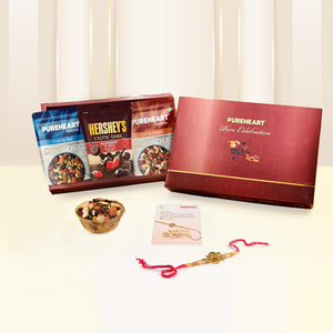 PUREHEART Rakhi Gift Hamper Natural Fruit & Nut Nutmix, Sweet & Salt Nutmix (80g, each), Dark Chocolate with Designer Rakhi for Brother, Card, Pooja Rice, Kumkum