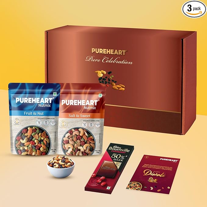 PUREHEART Celebration Diwali Gift Hamper | Dry Fruits Gift Box with Premium Fruit and Nut, Salt and Sweet Nutmix (80 g, each), Dark Chocolate, Greeting Card | Ideal Corporate & Festive Gifting