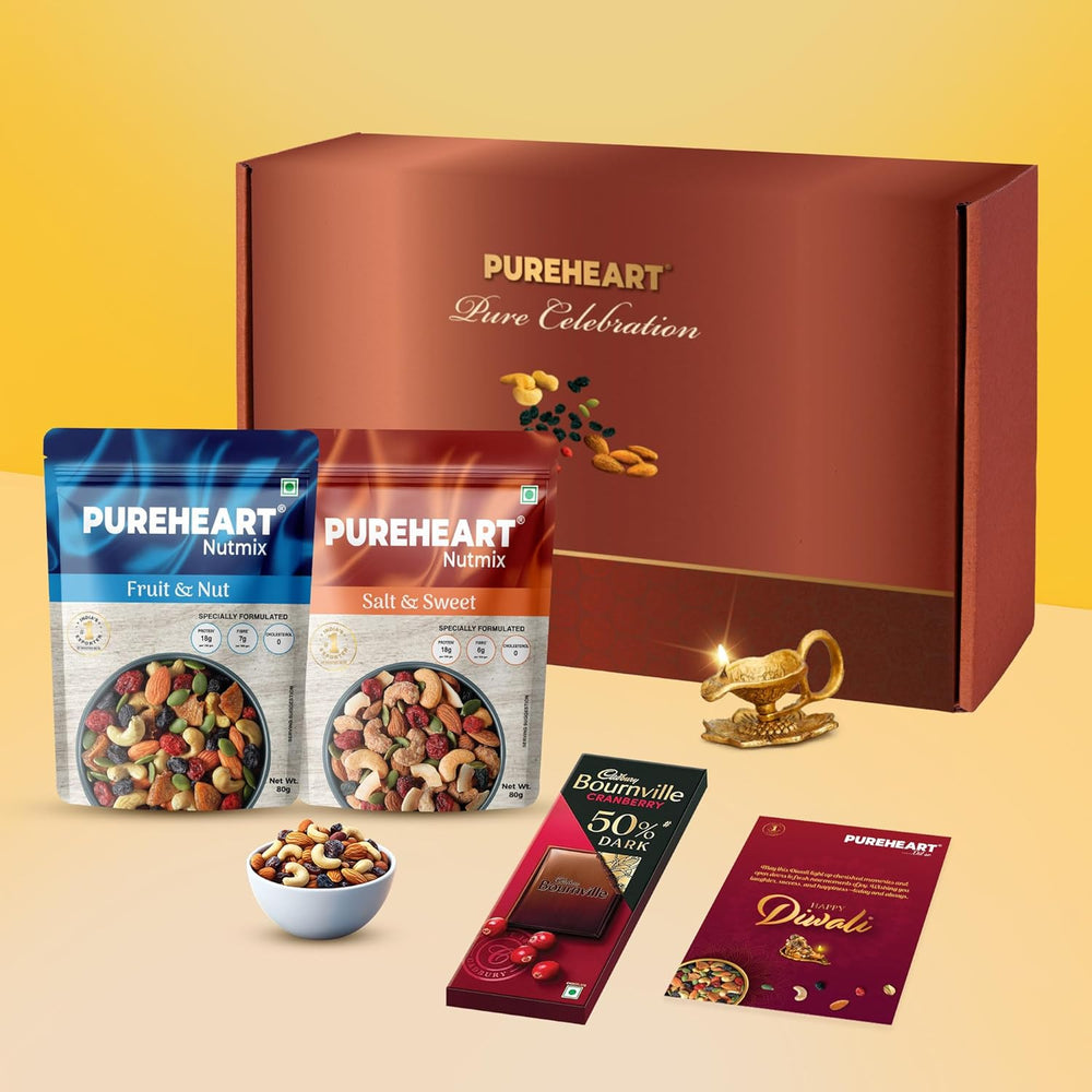 PUREHEART Celebration Diwali Gift Hamper | Dry Fruits Gift Box with Premium Fruit and Nut, Salt and Sweet Nutmix (80 g, each), Diya, Chocolate, Greeting Card | Ideal Corporate & Festive Gifting