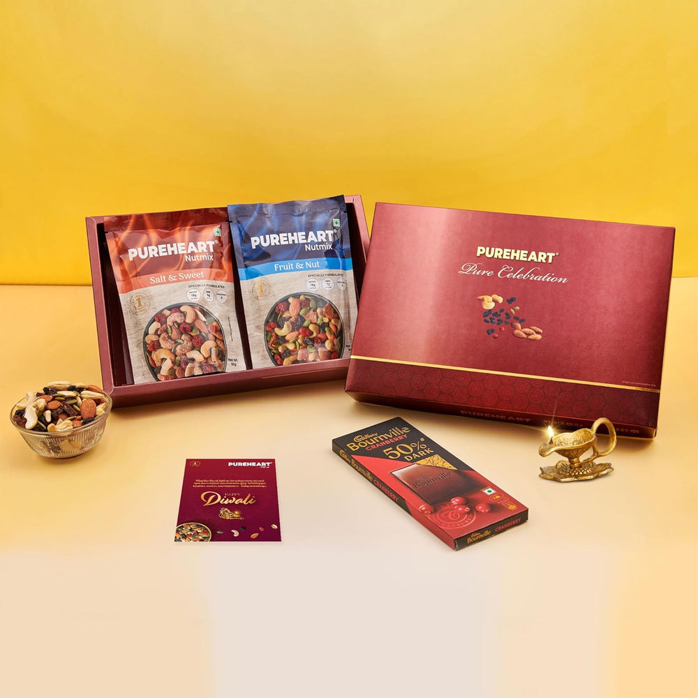 PUREHEART Celebration Diwali Gift Hamper | Dry Fruits Gift Box with Premium Fruit and Nut, Salt and Sweet Nutmix (80 g, each), Diya, Chocolate, Greeting Card | Ideal Corporate & Festive Gifting