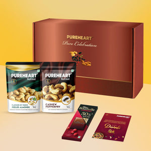 PUREHEART Celebration Diwali Gift Hamper | Luxury Corporate Gift Box with Pepperfry Cashews, Flavours of Venice Peeled Almonds (80g, each), Chocolate, Diwali Greeting Card | Festive Dry Fruits Pack