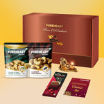 PUREHEART Celebration Diwali Gift Hamper | Luxury Corporate Gift Box with Pepperfry Cashews, Flavours of Venice Peeled Almonds (80g, each), Chocolate, Ganpati Diya & Greeting Card | Festive Dry Fruits Pack