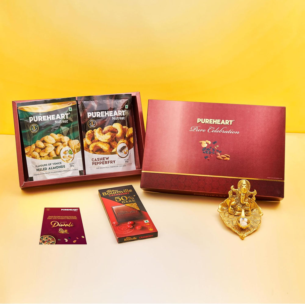 PUREHEART Celebration Diwali Gift Hamper | Luxury Corporate Gift Box with Pepperfry Cashews, Flavours of Venice Peeled Almonds (80g, each), Chocolate, Ganpati Diya & Greeting Card | Festive Dry Fruits Pack